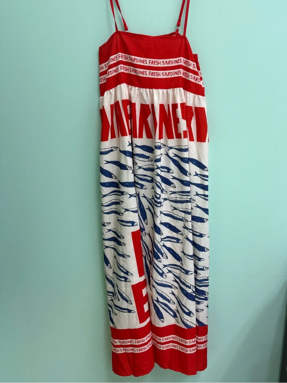 Red & White Graphic Sardine Print Maxi Dress